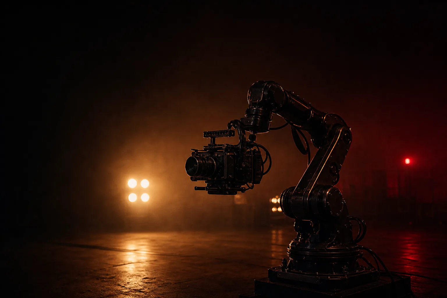 A robotic arm holding a cinema camera on a dark film soundstage, lit from behind by warm tungsten lamps in thin haze