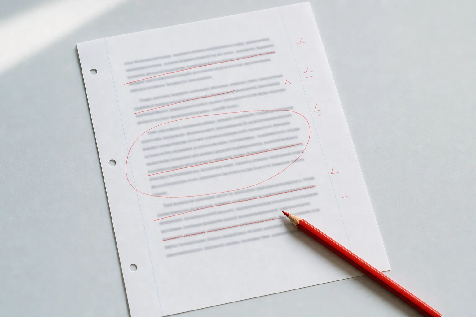 Overhead photograph of a typescript page marked with red pencil: struck lines, margin carets, and a deletion loop circling a full paragraph, with a red editing pencil across the sheet.