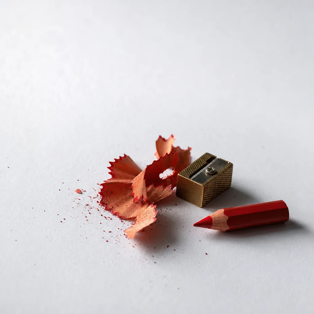 Red pencil shavings, a brass sharpener, and a short red pencil stub on white paper.