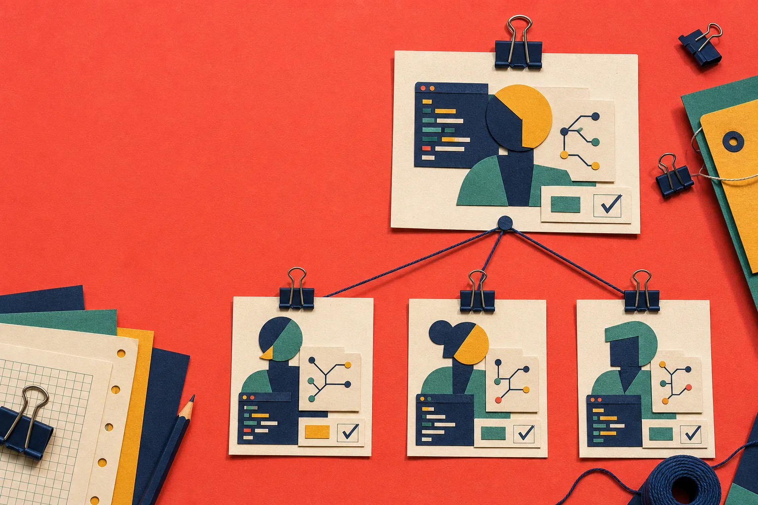 Cut-paper staffing board connecting one manager profile to three specialist profiles