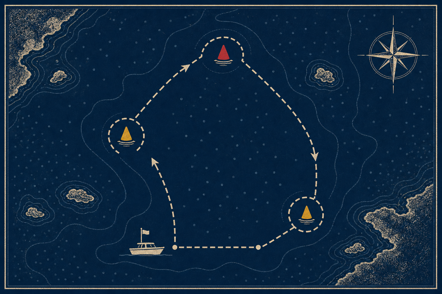 Screenprint nautical chart showing a dashed race course looping around three buoy marks, with a small committee boat and a compass rose