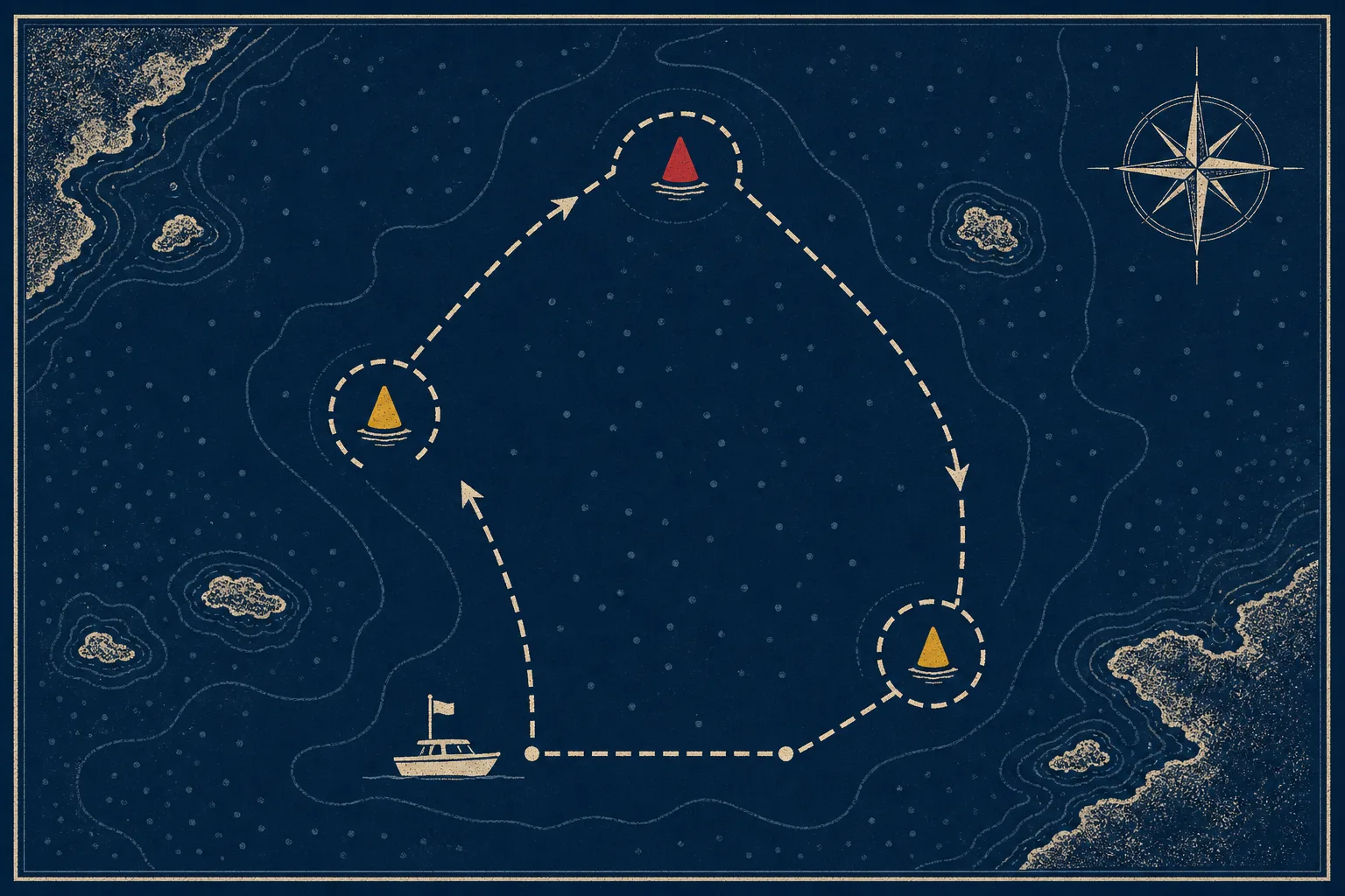 Screenprint nautical chart showing a dashed race course looping around three buoy marks, with a small committee boat and a compass rose
