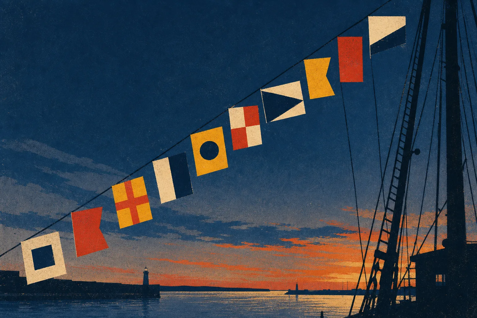 Screenprint illustration of maritime signal flags strung on a halyard rising across a dusk harbor sky, with a lighthouse and rigging in silhouette
