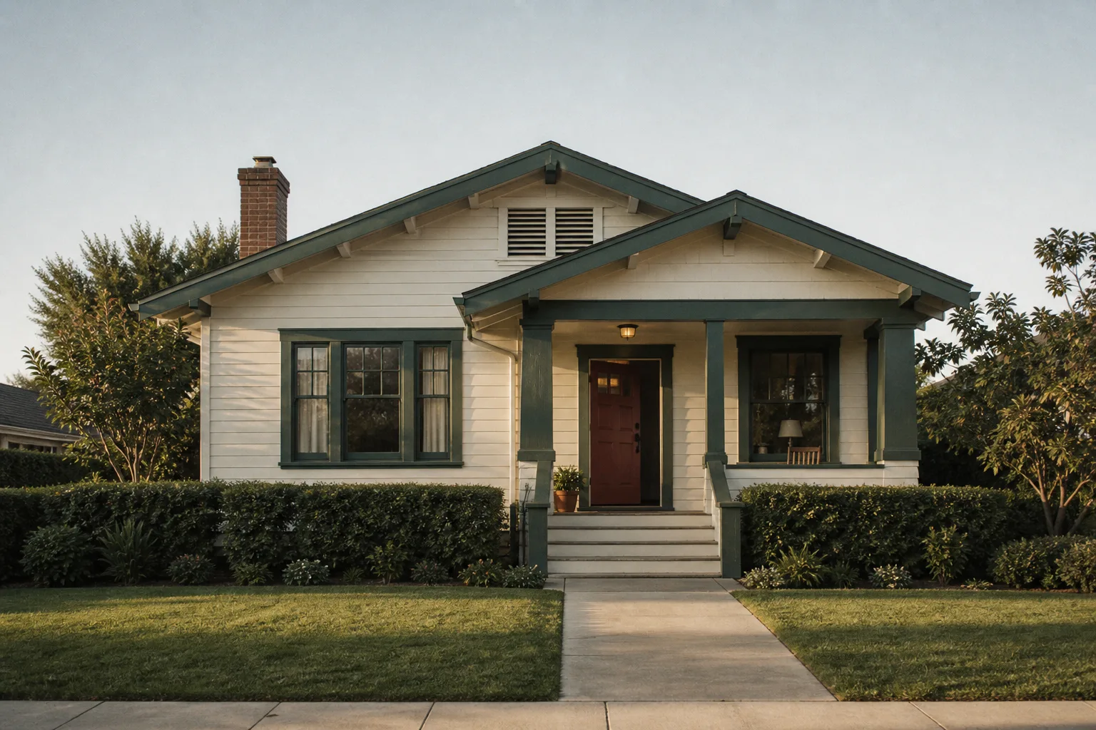 Craftsman cottage with a brick-red front door, spruce-green trim, and a sage lawn in clear morning light
