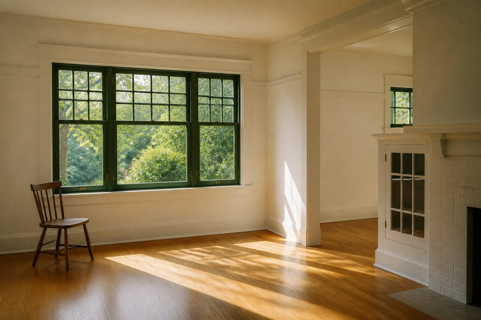 Empty sunlit living room with spruce-green window sash and one wooden chair