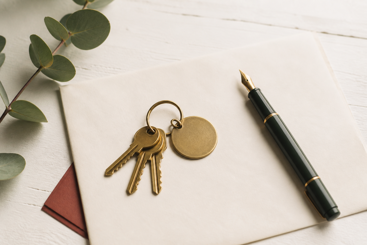 Three brass house keys on a blank cream document beside a spruce-green fountain pen