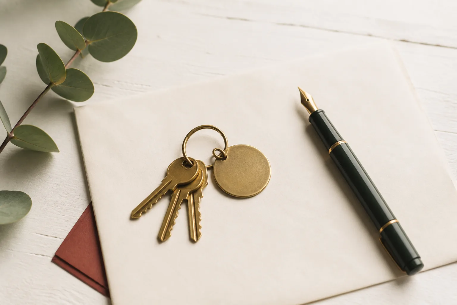 Three brass house keys on a blank cream document beside a spruce-green fountain pen