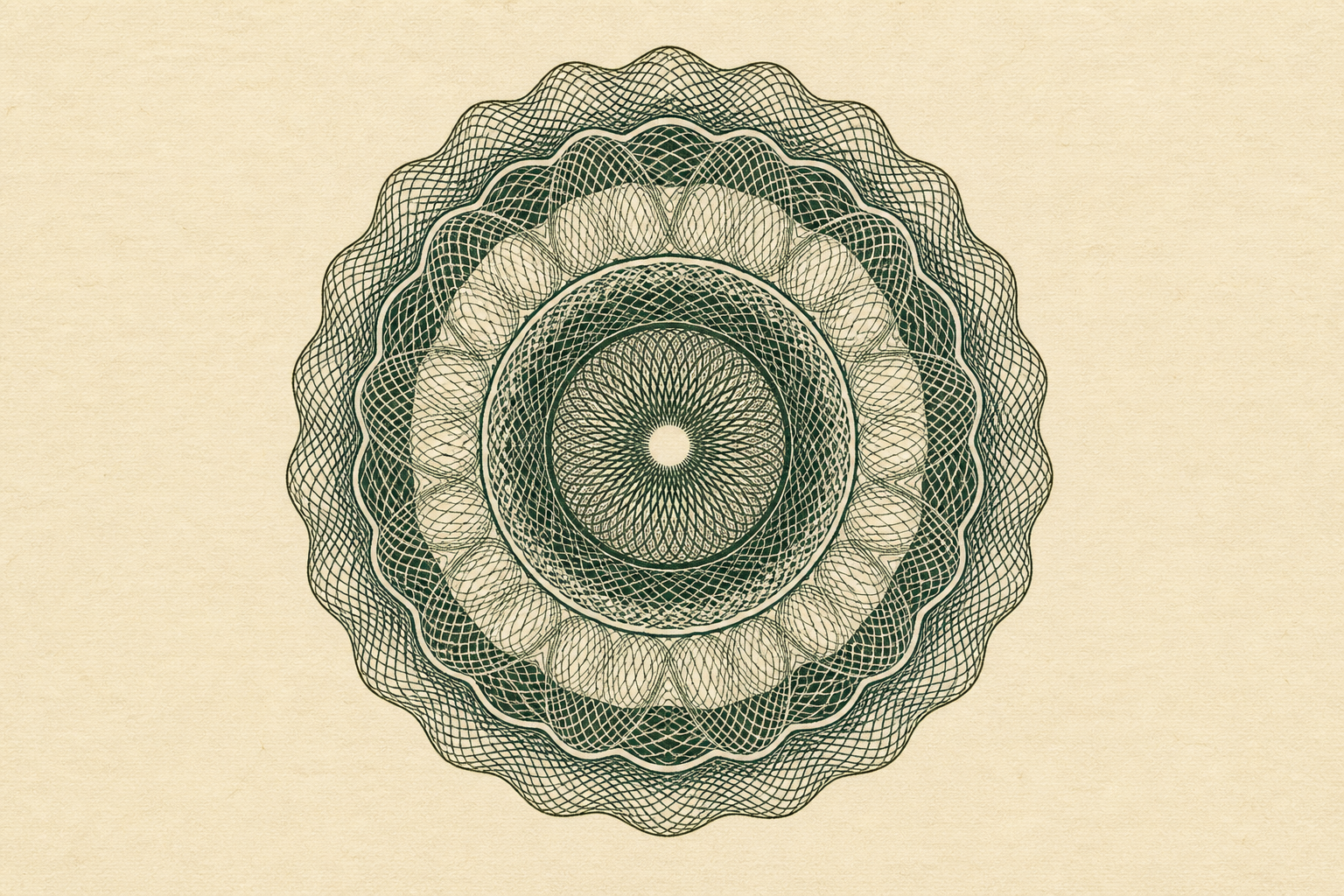 Circular guilloche rosette seal engraved in fine green-black lines on cream paper.