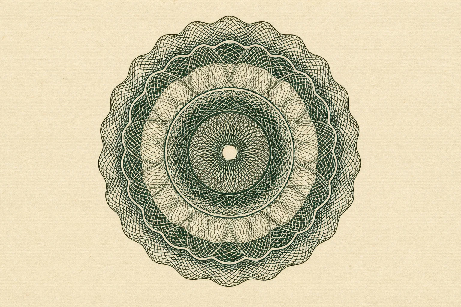 Circular guilloche rosette seal engraved in fine green-black lines on cream paper.