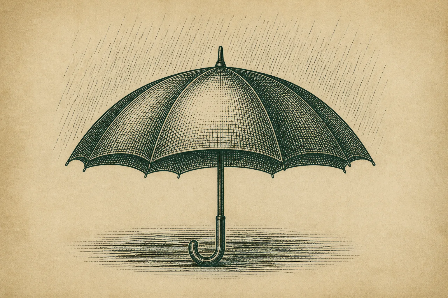 Banknote-style copperplate engraving of an open umbrella under fine hairline rain, printed in green-black ink on aged cream paper.