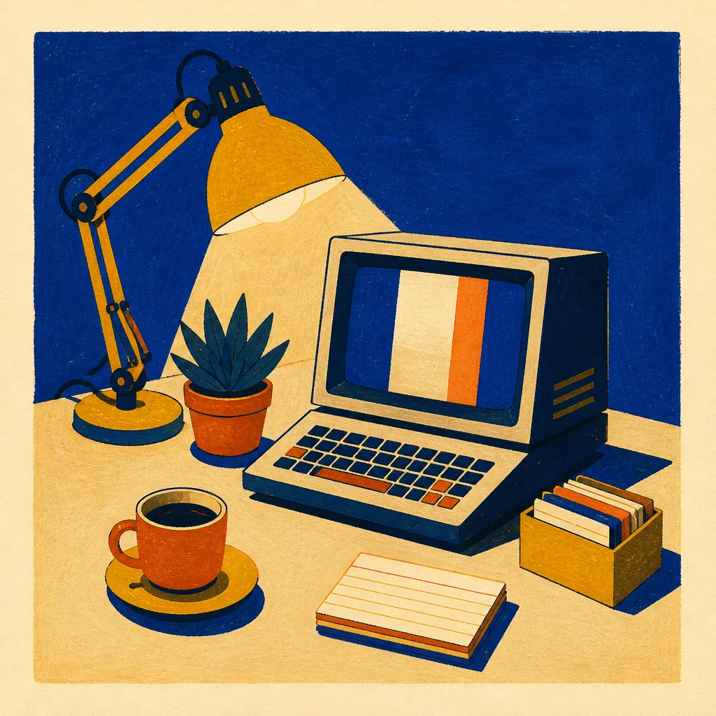 Flat gouache still life of a desk at night: an articulated lamp, a boxy terminal showing abstract color bars, a succulent, a coffee cup, and index cards on a cream desk against cobalt.