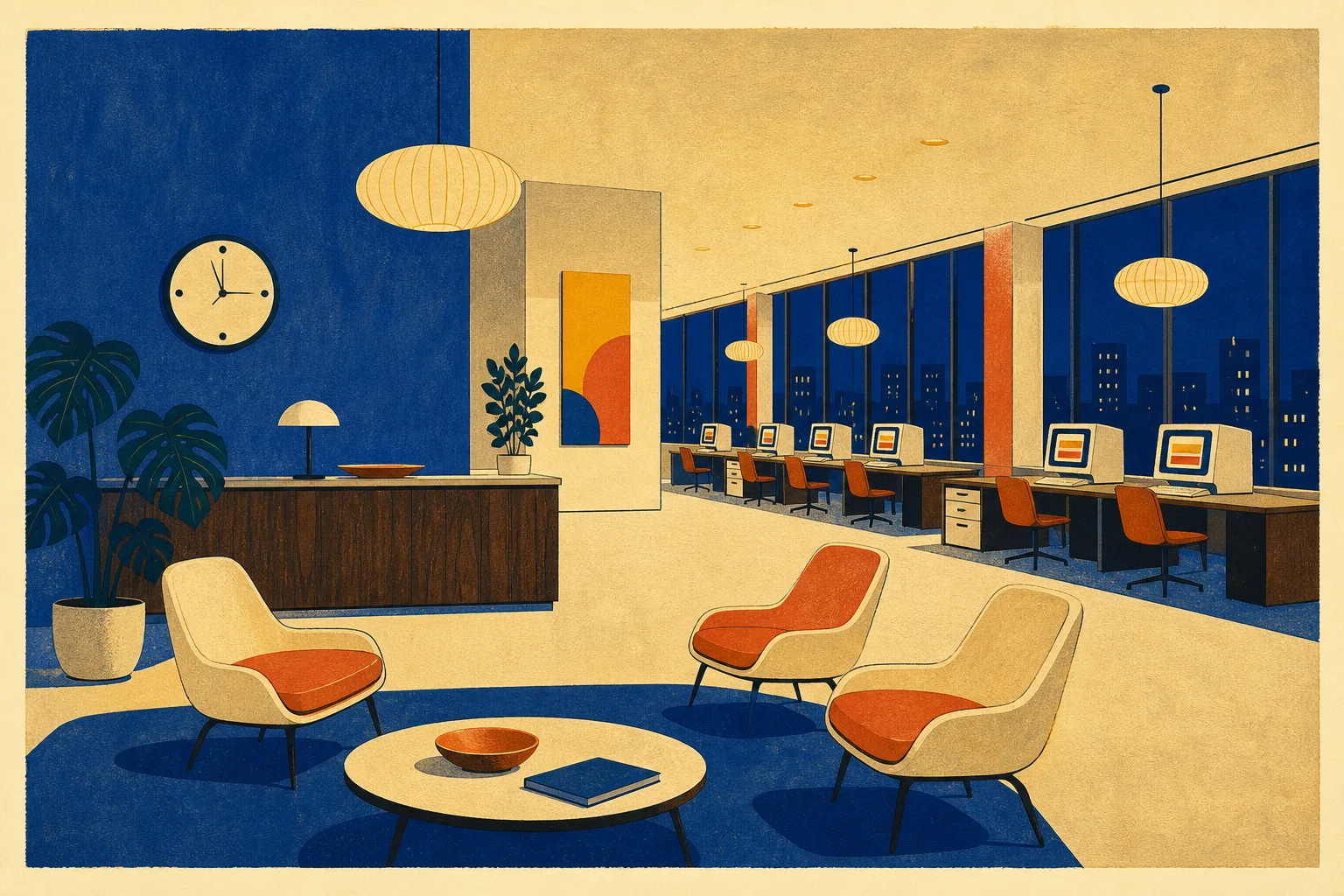 Flat gouache illustration of an empty mid-century office lobby at night: cobalt walls, cream floor, molded lounge chairs, pendant lamps, and a row of terminals glowing by the windows.