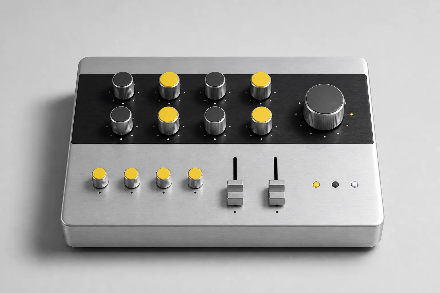 Studio photograph of a brushed aluminum desktop control surface with a black faceplate strip, machined knobs with yellow and charcoal caps, two faders, and indicator lights on a cool gray background.