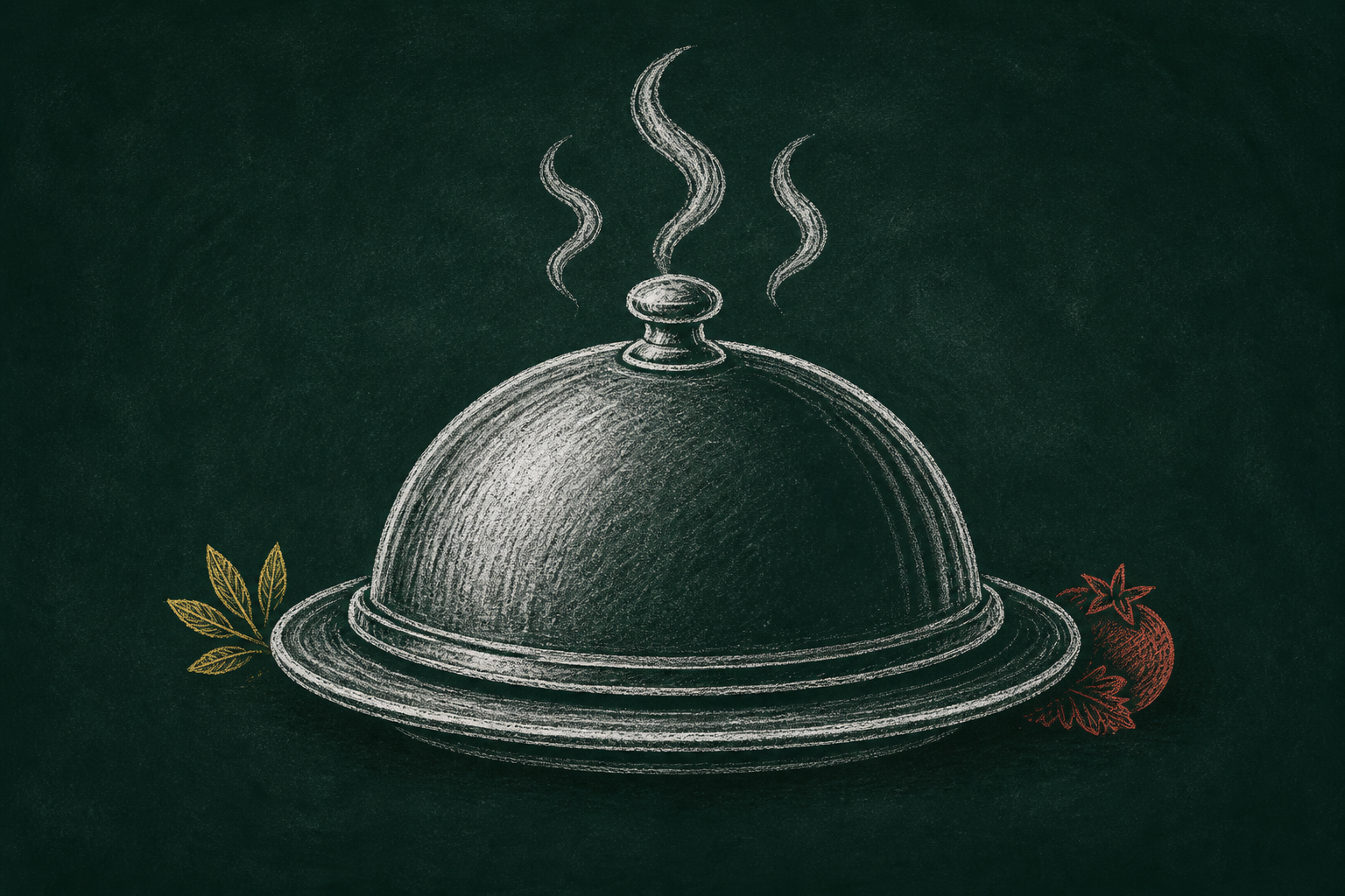 Chalk illustration on a blackboard-green slate of a domed serving cloche on a plate, three curls of steam rising, with a yellow chalk herb sprig and a red chalk tomato beside it.