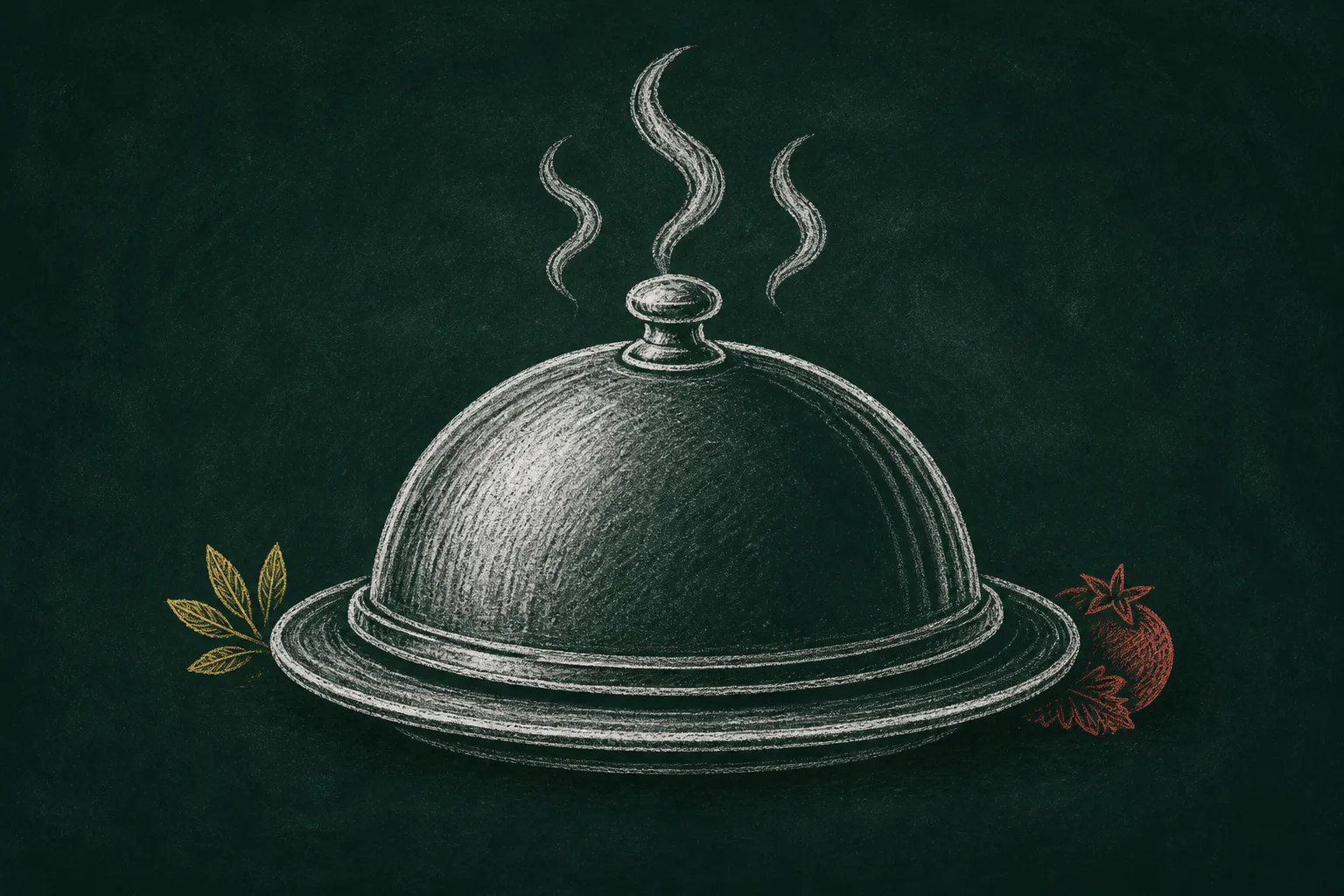 Chalk illustration on a blackboard-green slate of a domed serving cloche on a plate, three curls of steam rising, with a yellow chalk herb sprig and a red chalk tomato beside it.