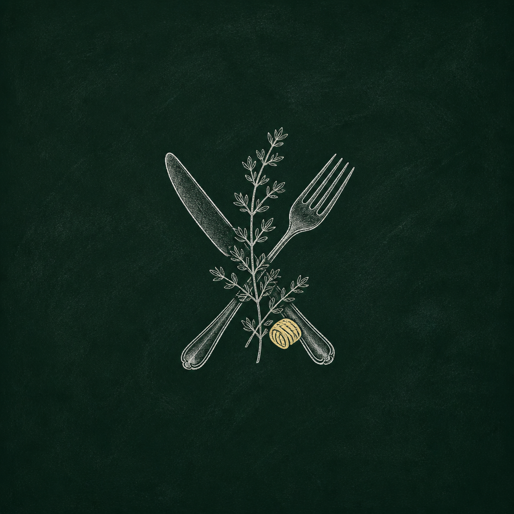 Chalk drawing of a crossed knife and fork behind a thyme sprig with a small butter-yellow accent, on blackboard-green slate.