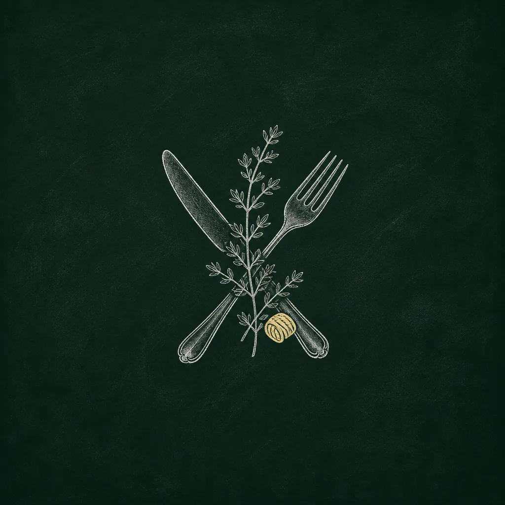 Chalk drawing of a crossed knife and fork behind a thyme sprig with a small butter-yellow accent, on blackboard-green slate.