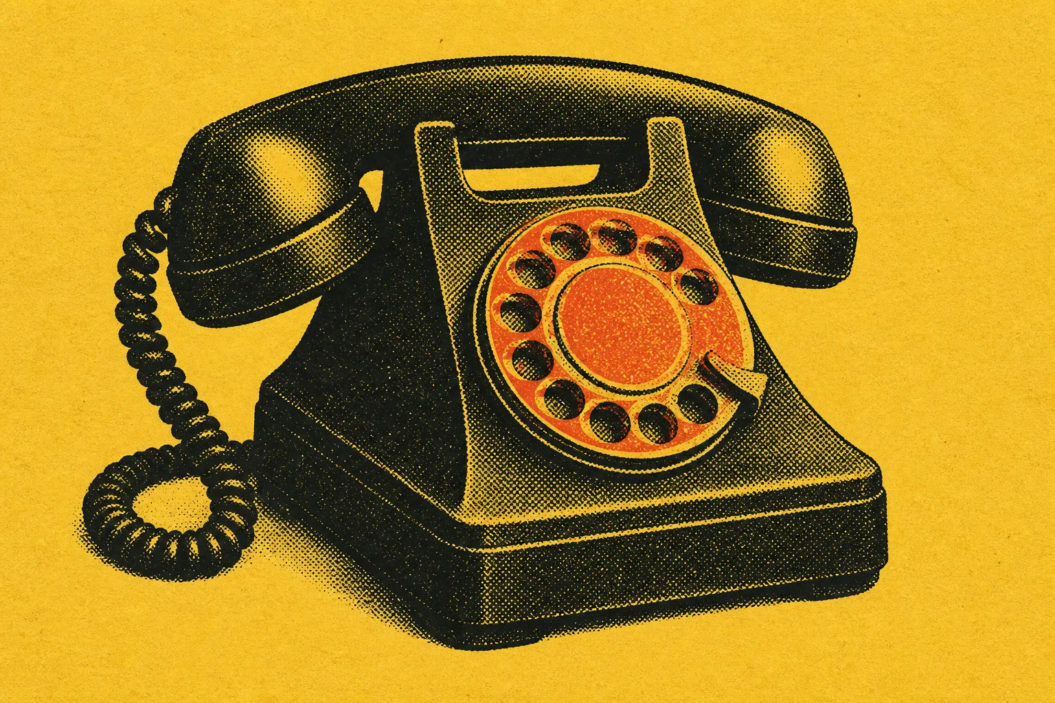 One-ink letterpress illustration of a rotary desk telephone printed on chrome-yellow directory stock