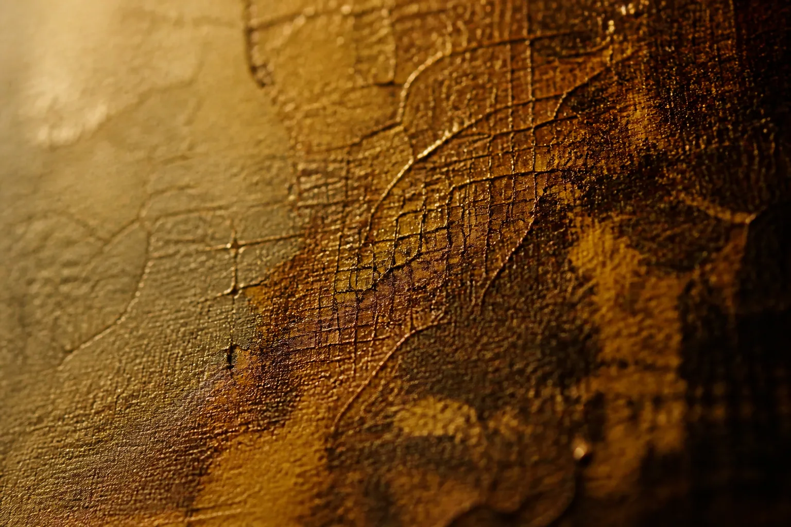 Extreme macro photograph of aged oil paint craquelure raked by hard light from the left