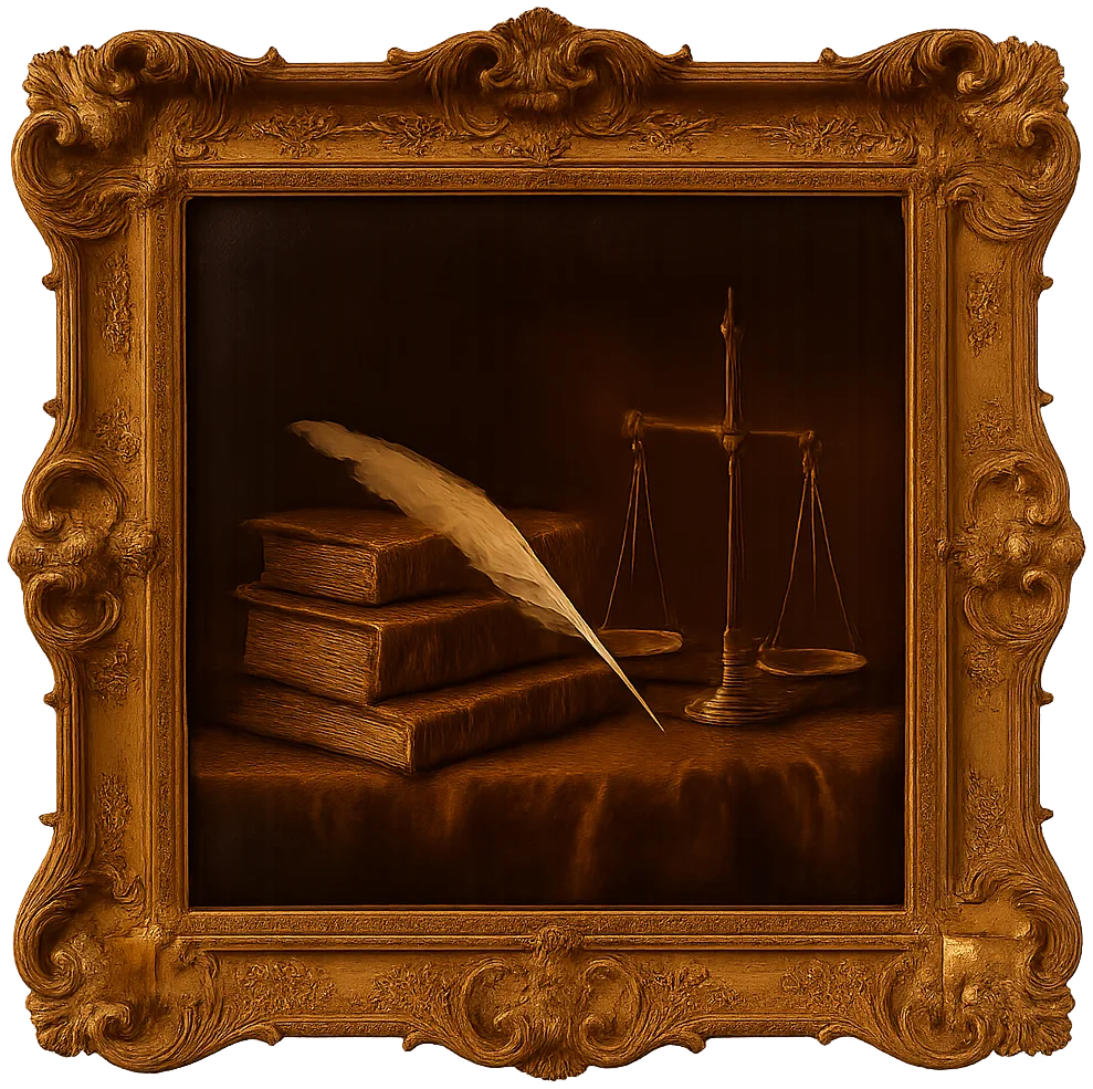 Ornate gilt baroque frame holding a dark still-life oil painting of leather ledgers, a white quill, and a brass balance scale