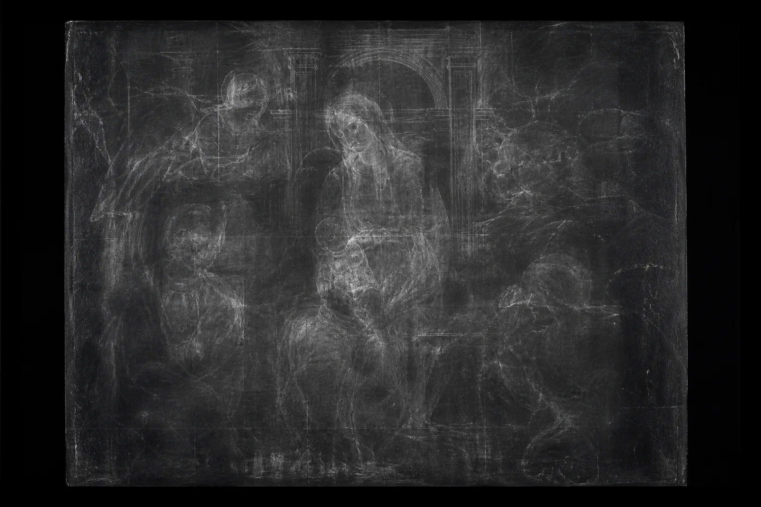 Black and white X-radiograph of an old master painting revealing a ghostly underdrawing of a different composition