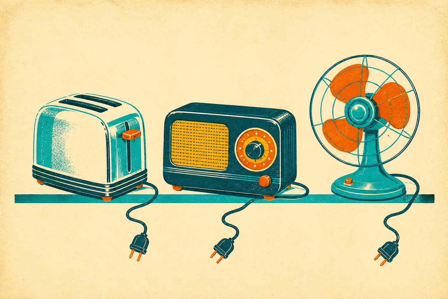 Screenprint illustration of a chrome toaster, a bakelite radio, and a small desk fan on a shelf, cords ending in two-prong plugs