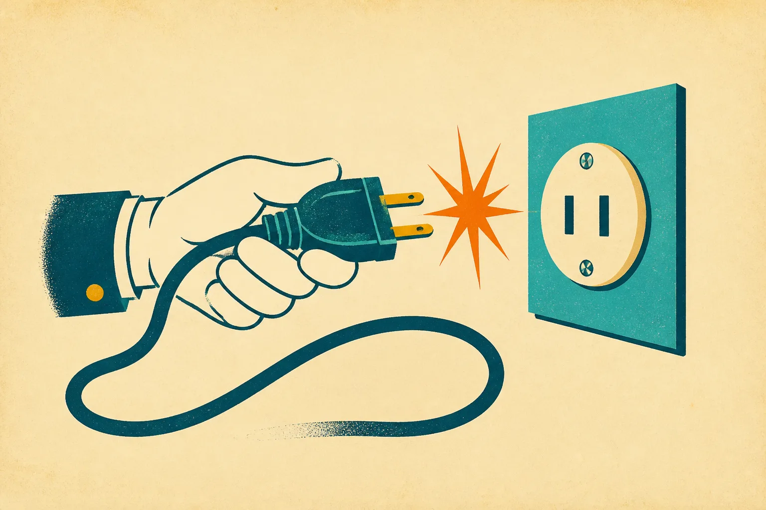 Screenprint illustration of a gloved hand plugging a large two-prong plug into a round wall outlet, a tangerine spark jumping the gap