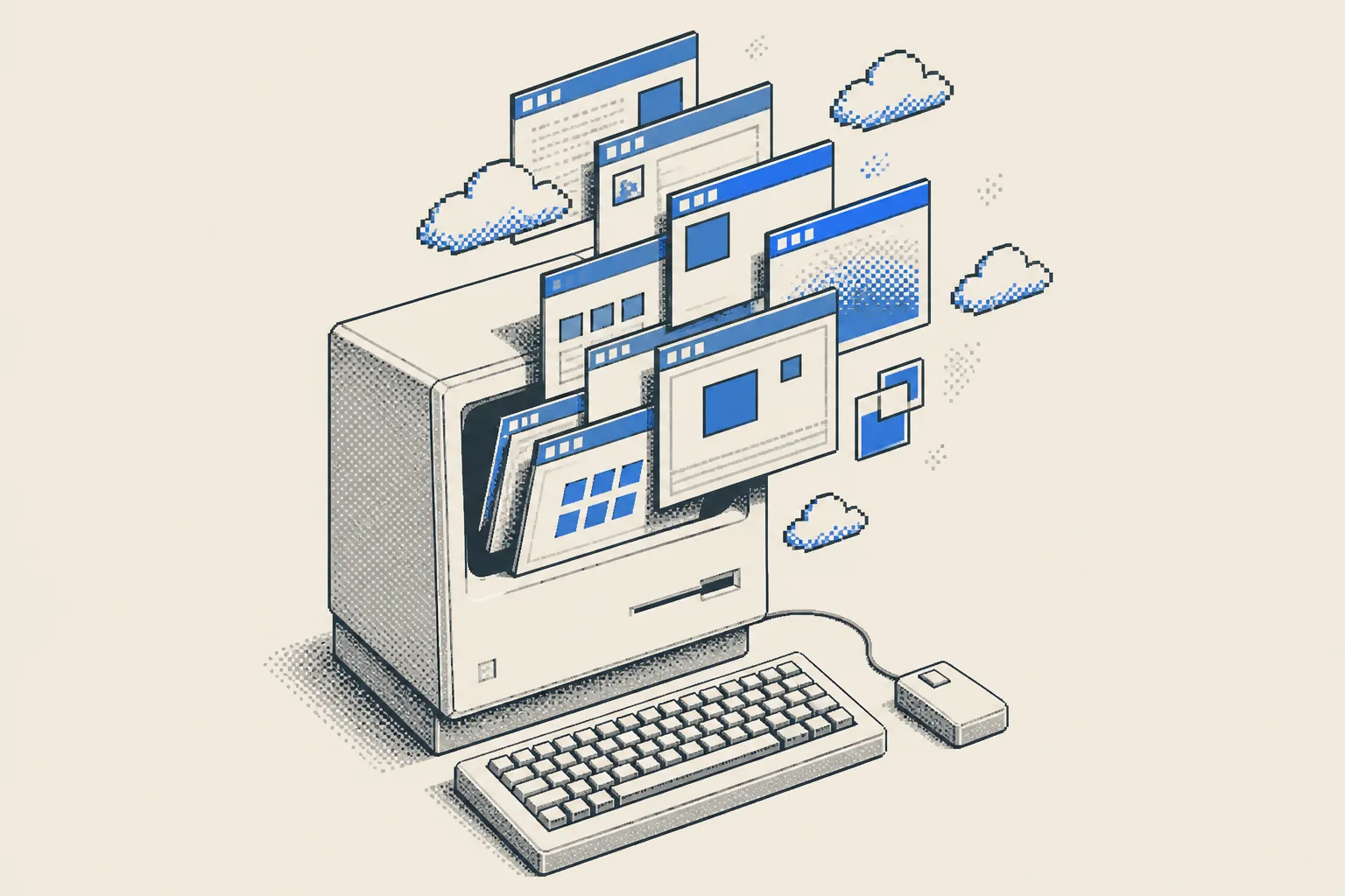 Dithered bitmap illustration of a beige desktop computer spilling a cascade of blue and cream windows and pixel clouds out of its screen