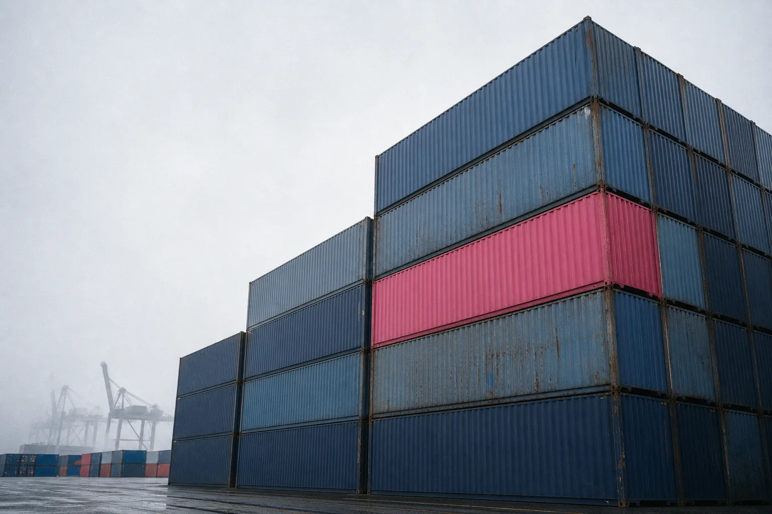 Stacked navy shipping containers in an overcast terminal, with a single magenta container breaking the stack