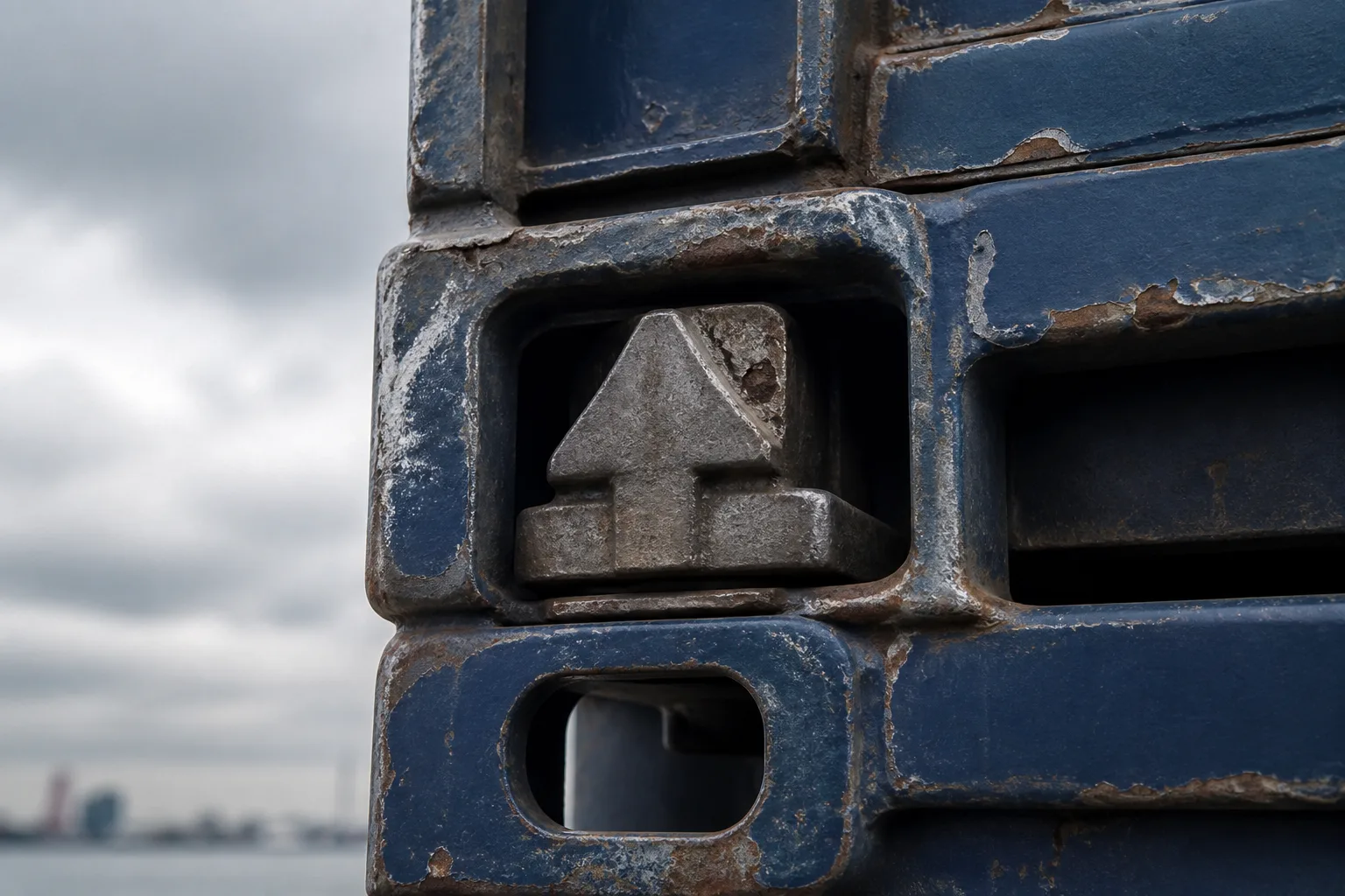 Close macro of a weathered navy shipping container corner casting with a steel twist-lock fitting