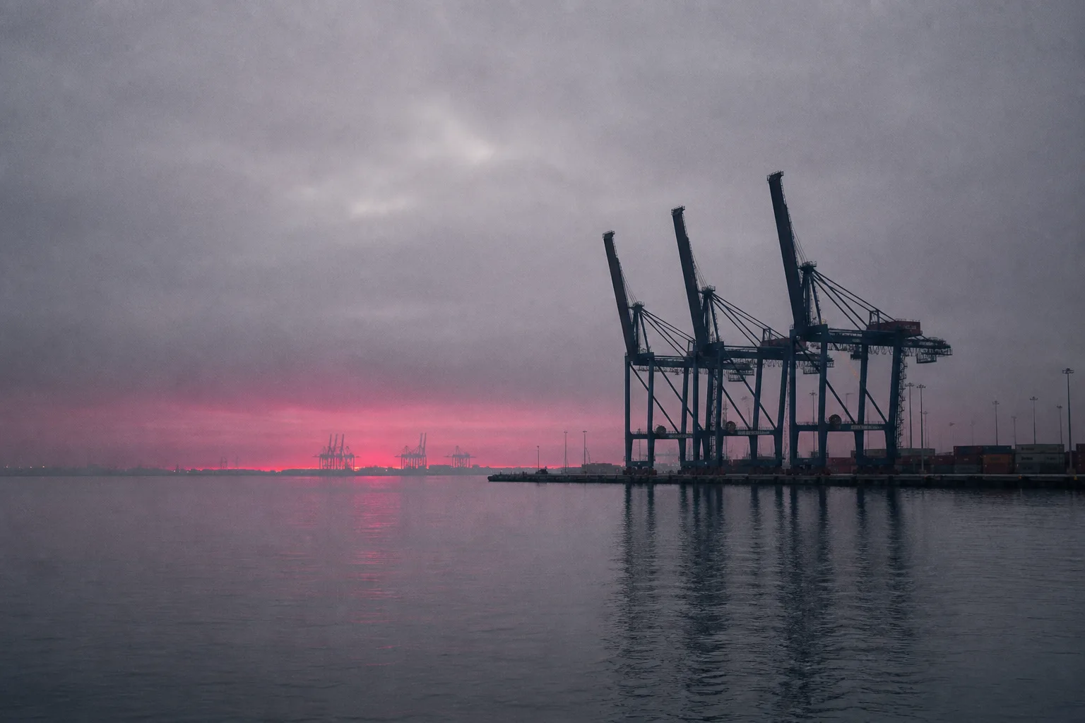 Container gantry cranes silhouetted over still harbor water at dusk, with a band of magenta light on the horizon