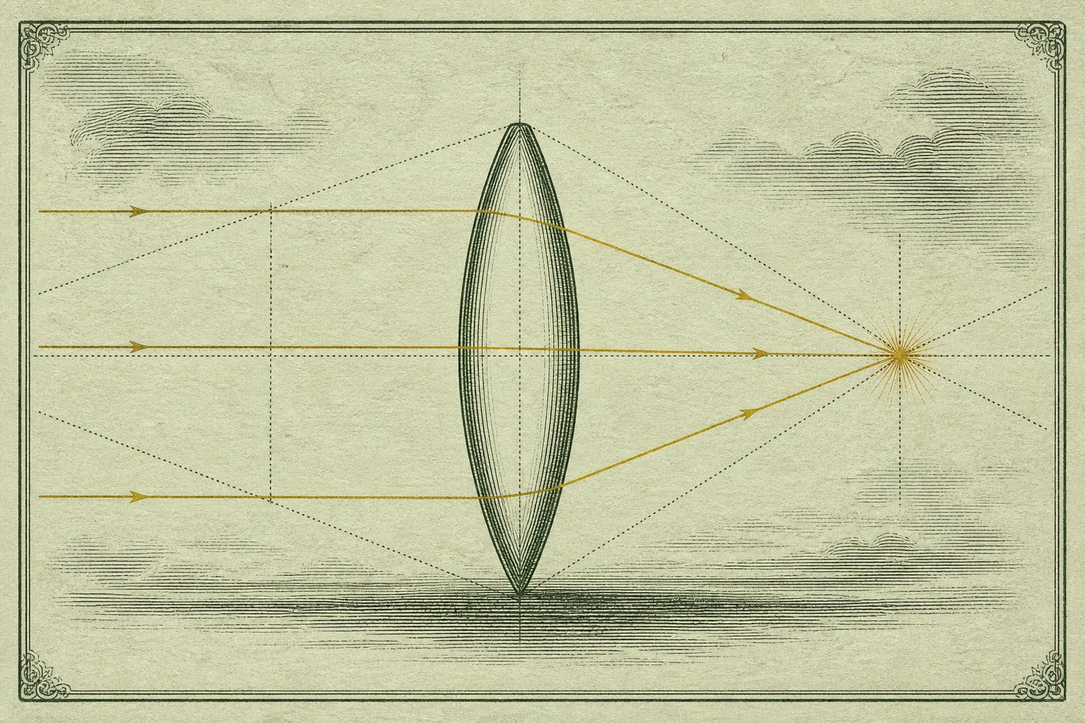 Etched optics diagram of a biconvex lens bending three gold rays to a single focal point, with dotted construction lines on celadon paper.