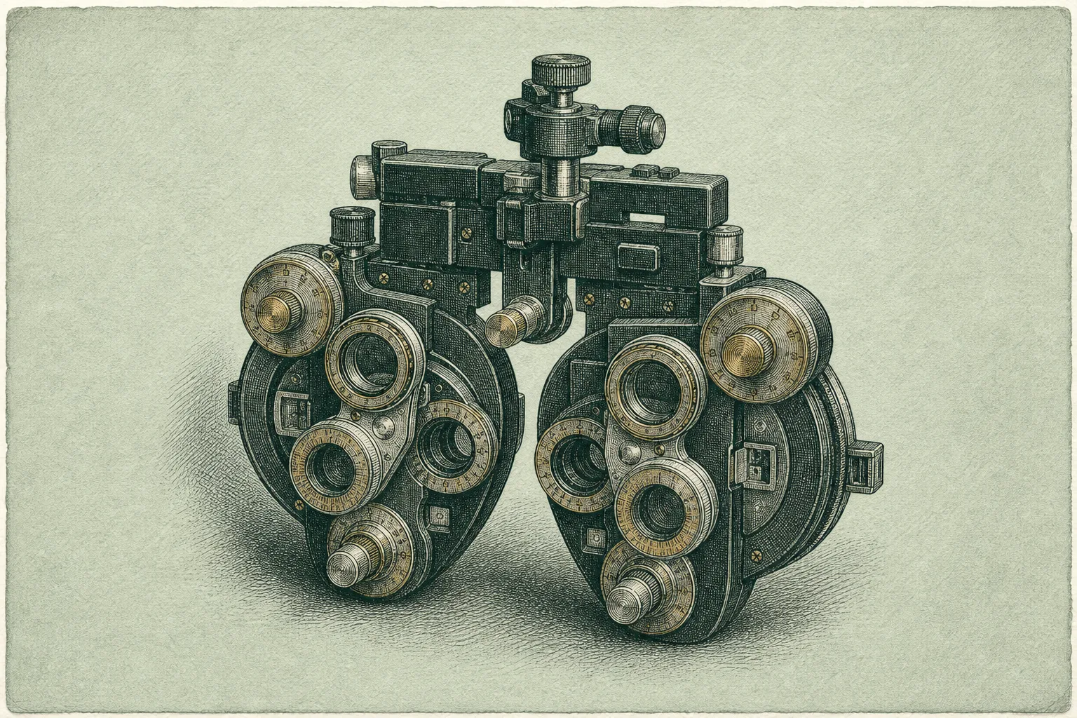 Copperplate etching of a phoropter, the optometrist's many-lensed refraction instrument, drawn in green-black ink on celadon paper with brass accents on the dials.