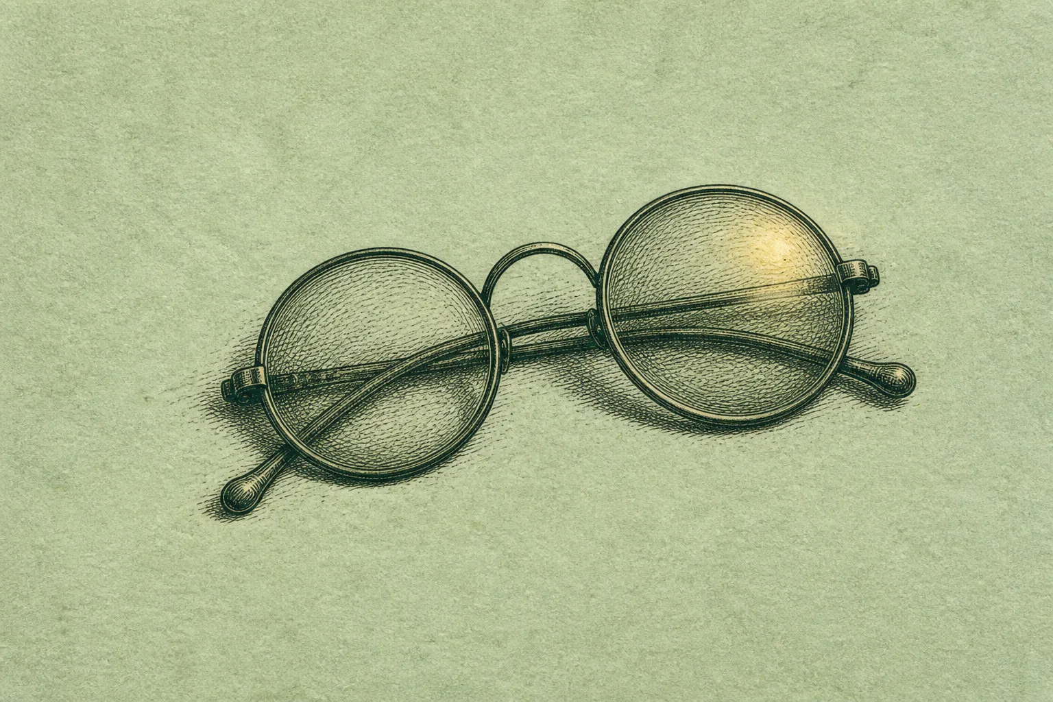 Copperplate etching of round wire-rimmed spectacles with folded temples, in green-black ink on celadon paper, one lens catching a small gold glint.