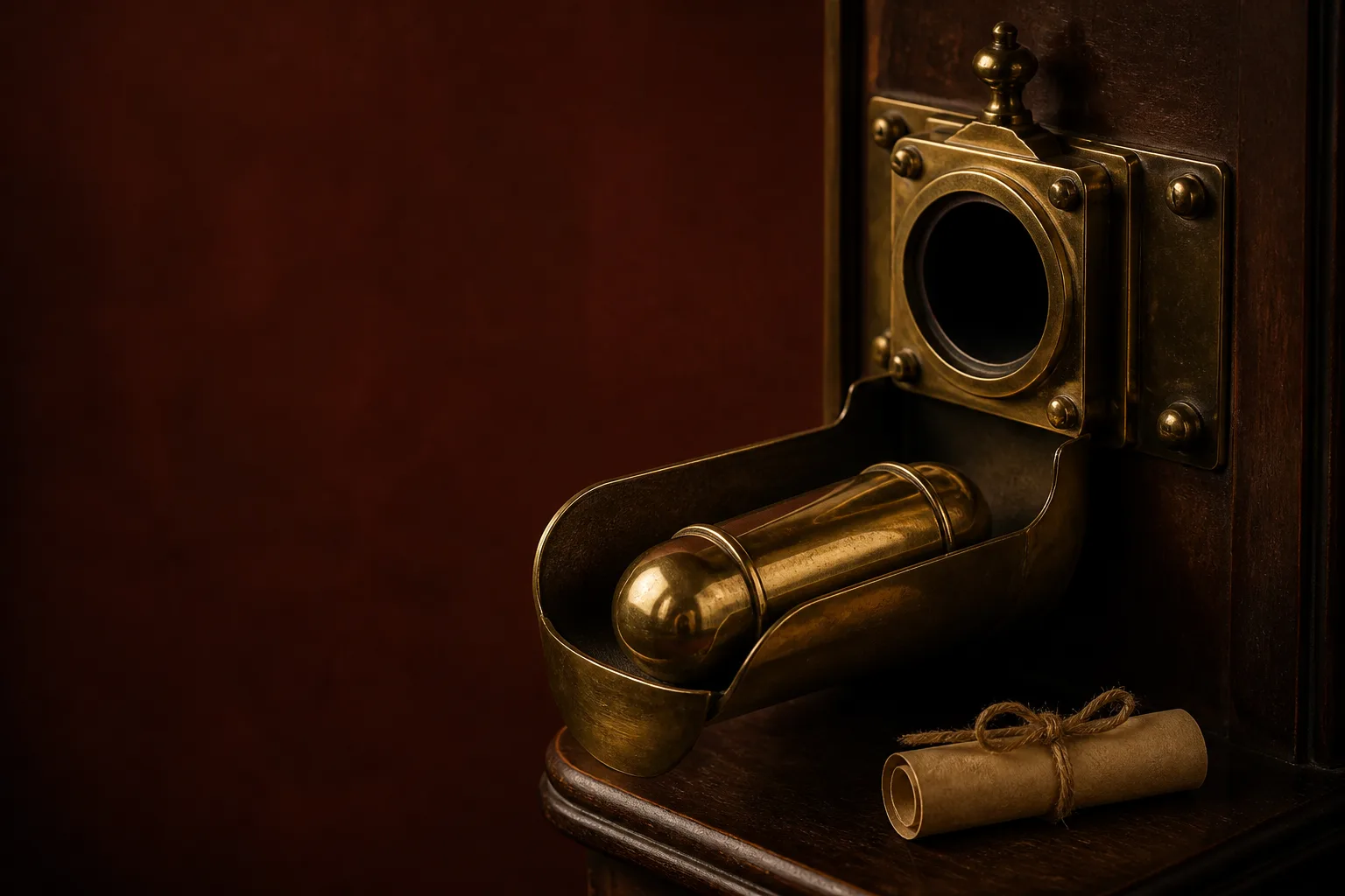 A brass pneumatic tube capsule resting in a curved receiving basket at a wall terminal, a small note tied with twine beside it
