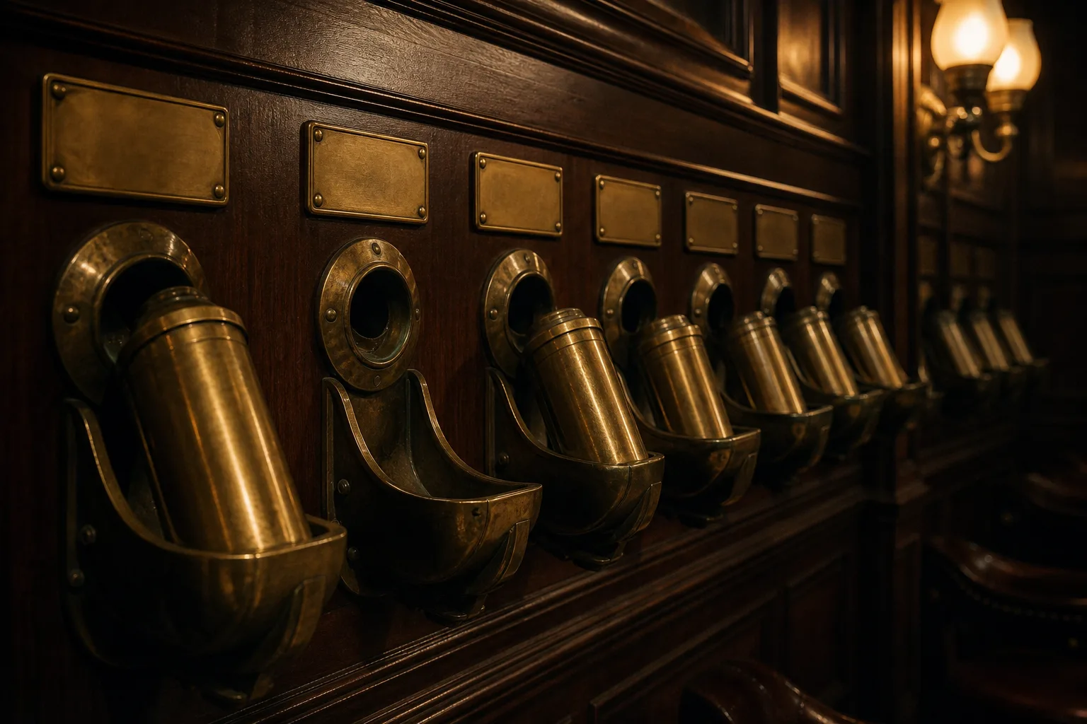 A bank of brass pneumatic tube terminals along a dark paneled wall, capsules docked in curved receiving baskets under gaslight