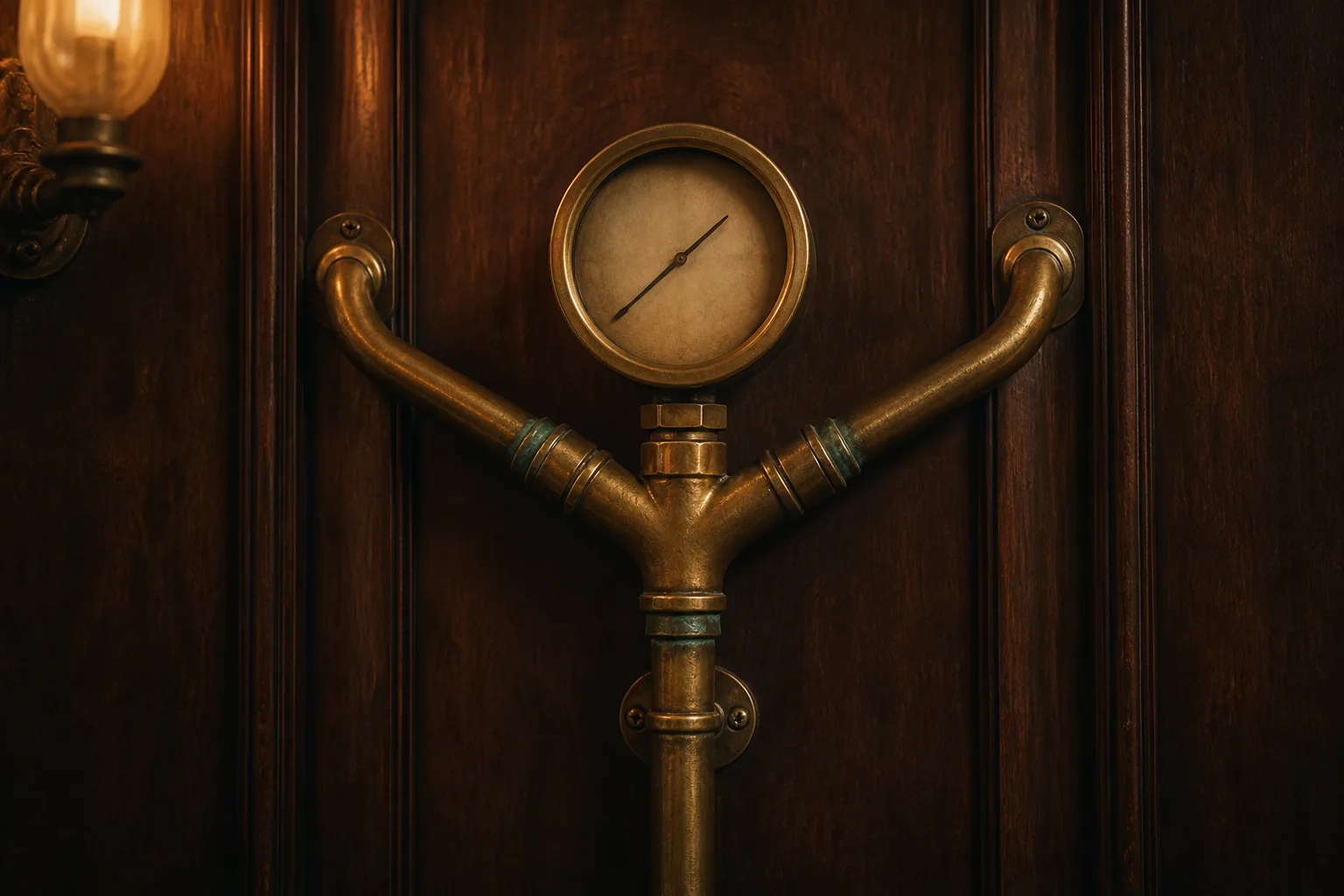 A Y-shaped brass pneumatic tube junction with a blank-faced pressure gauge mounted on dark wood paneling
