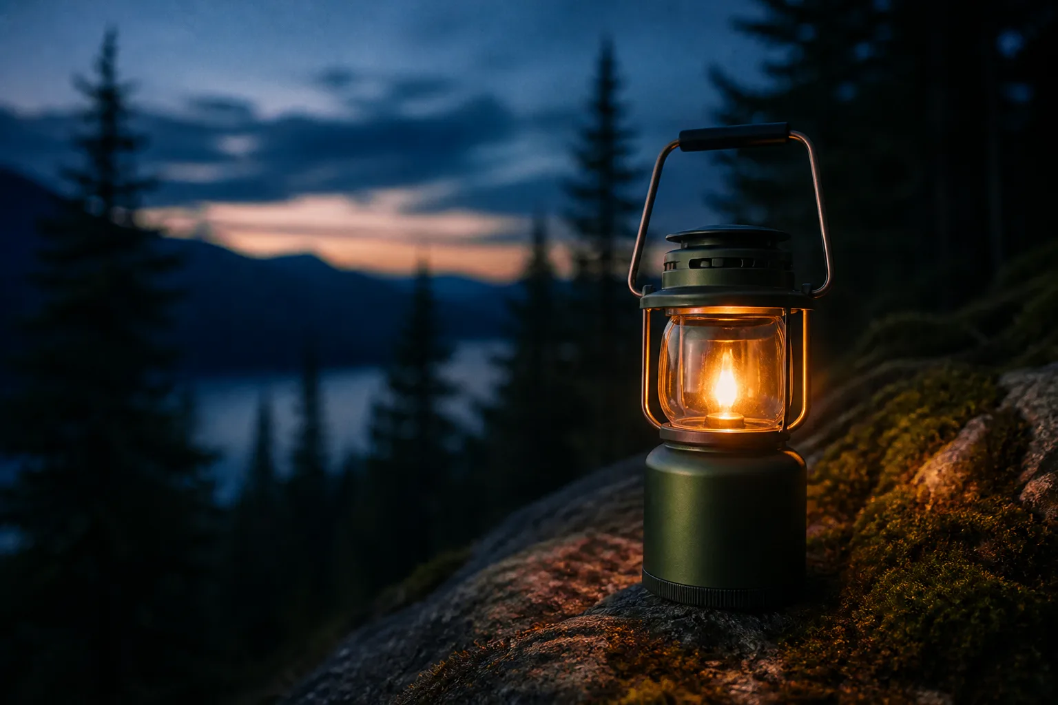 A compact green camping lantern glowing warm amber on a mossy granite ledge at blue-hour dusk, spruce forest and a distant lake behind it