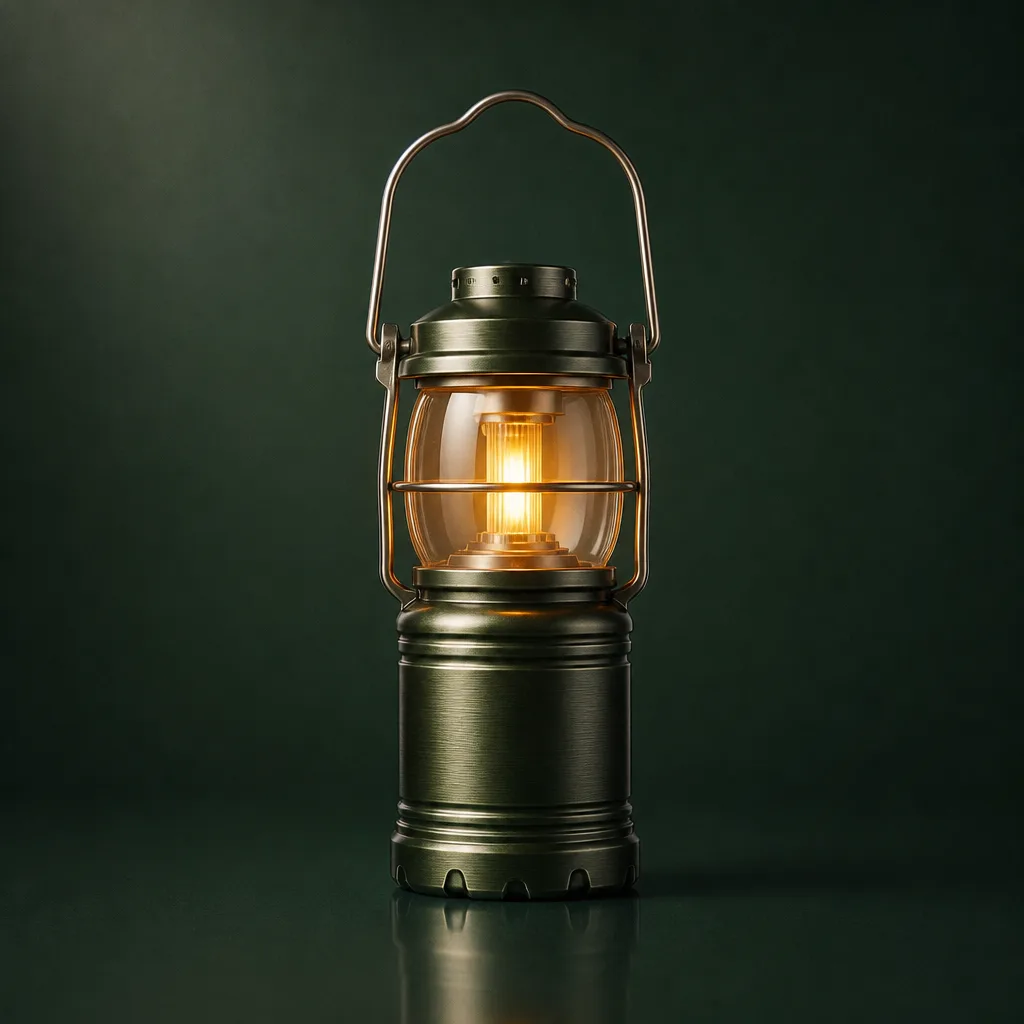 Studio product photograph of the green camping lantern, lit from within, centered on a deep green seamless background