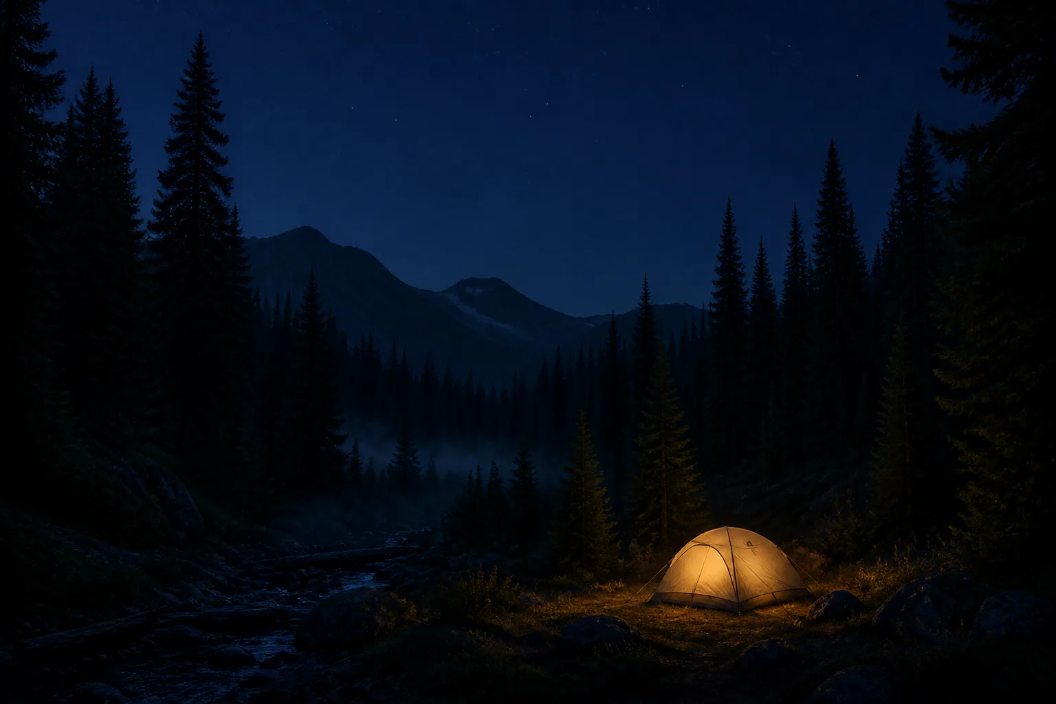 A small tent glowing warm amber in a dark spruce valley at night, under an indigo sky with faint stars