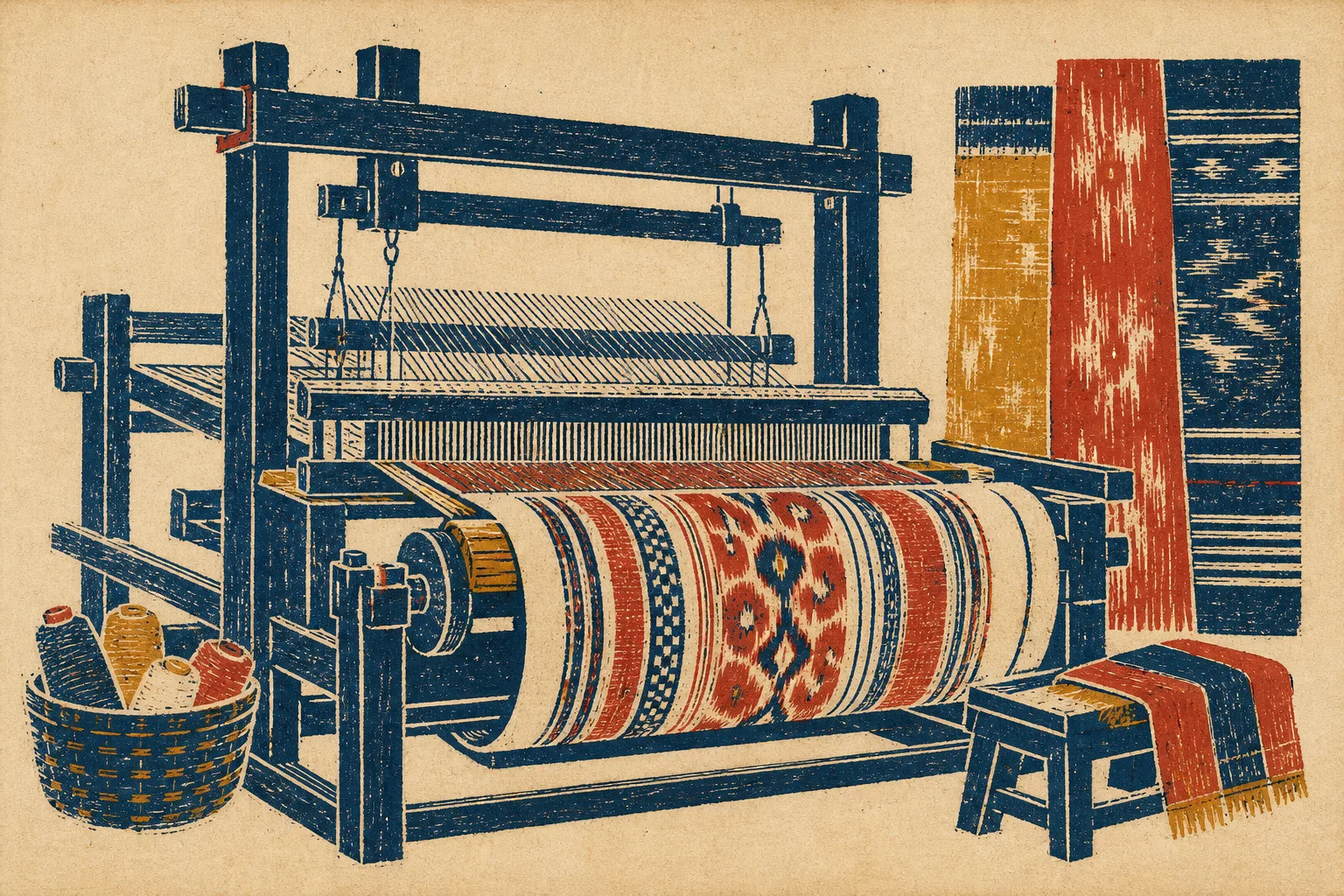 Woodblock print of a wooden floor loom with a patterned bolt of cloth rolling off its front beam, in indigo, madder red, and marigold on linen paper