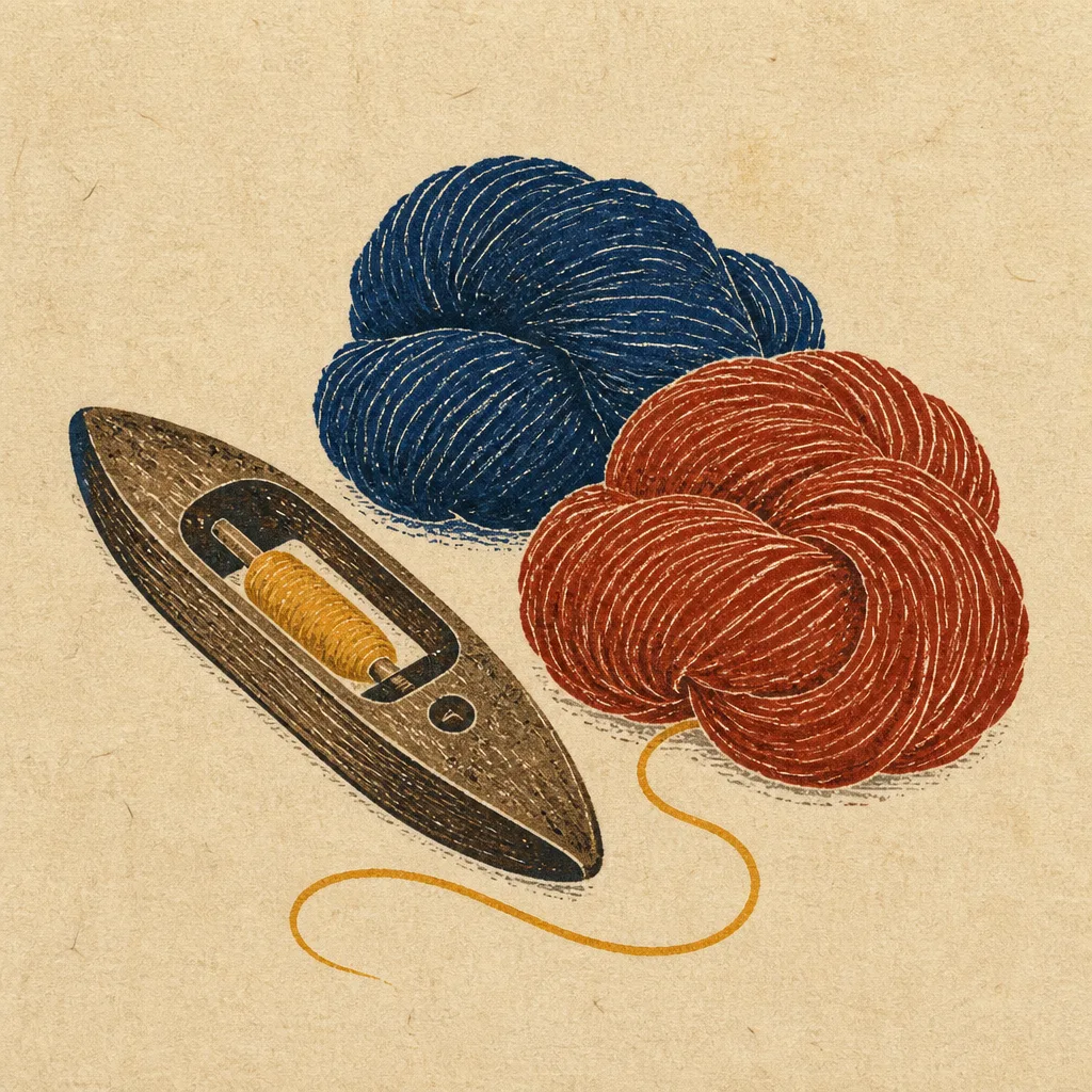 Woodblock print of a wooden weaving shuttle beside two skeins of yarn, one indigo and one madder red, with a marigold thread trailing between them