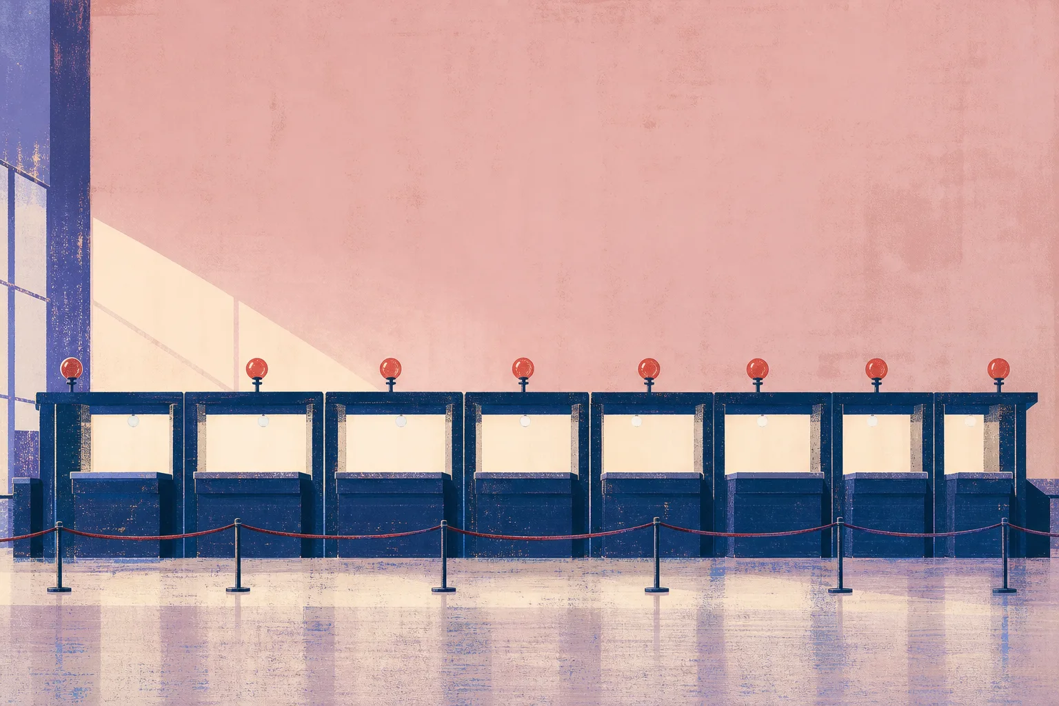 Wide gouache screenprint illustration of a row of navy passport control booths with small red lamps in a pale rose arrivals hall