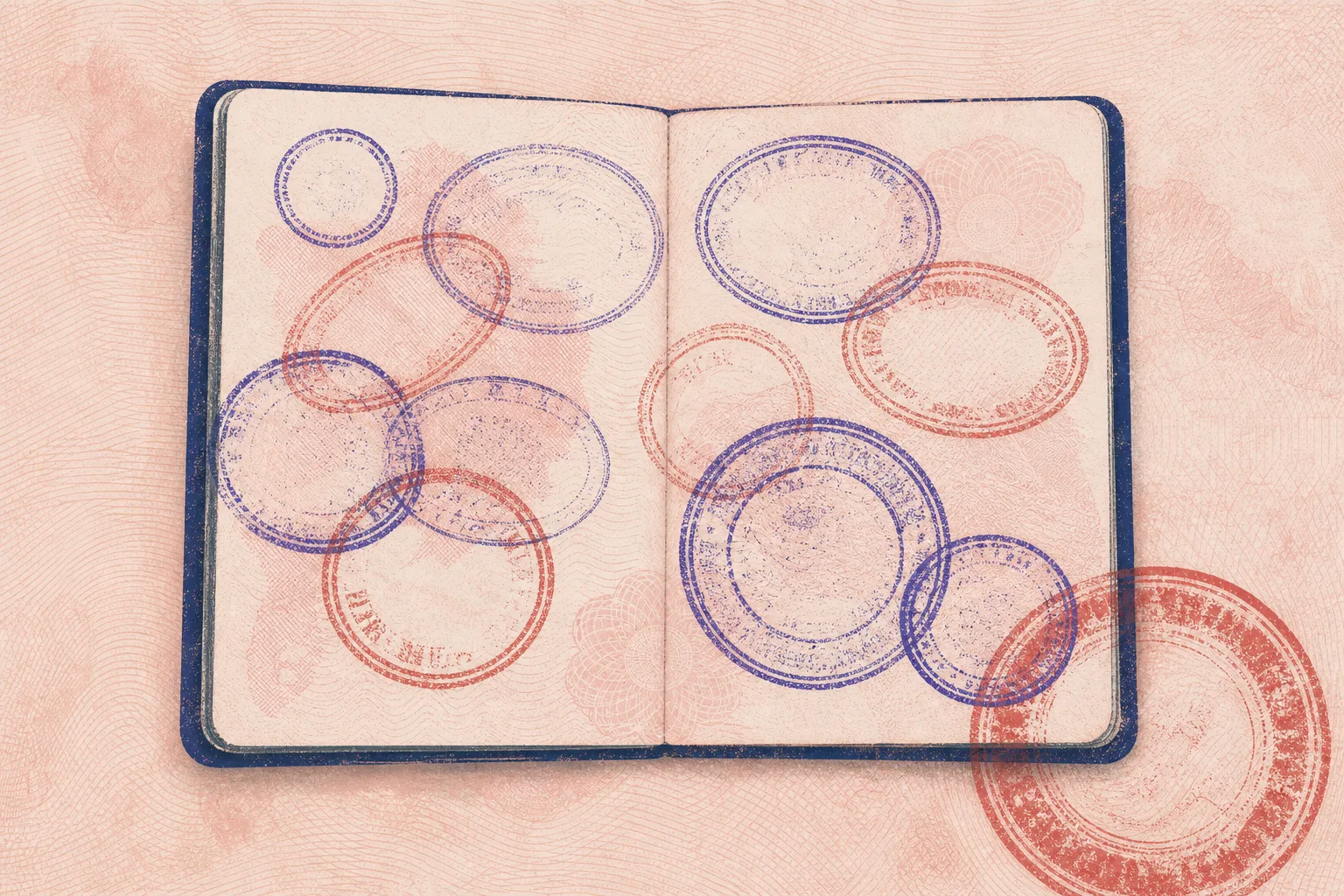 Gouache screenprint illustration of an open passport covered in overlapping indigo and red entry stamps on pale rose security paper