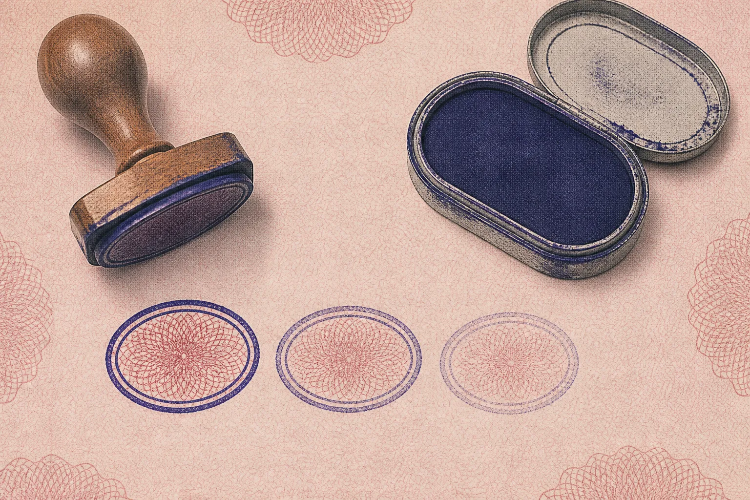 Gouache screenprint illustration of a wooden-handled rubber stamp beside an indigo ink pad with stamped oval marks on rose paper