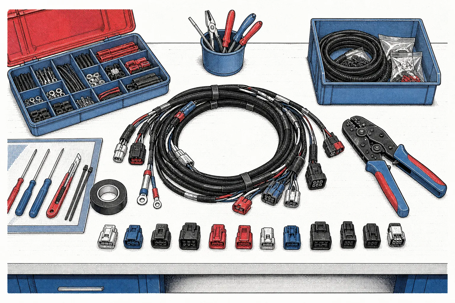 Wide two-color ink illustration of a tidy workbench: a coiled wiring harness at center, parts organizer with terminals, a crimping tool, screwdrivers, tape, and a row of connector plugs lined up along the bench front, red and steel blue on white.