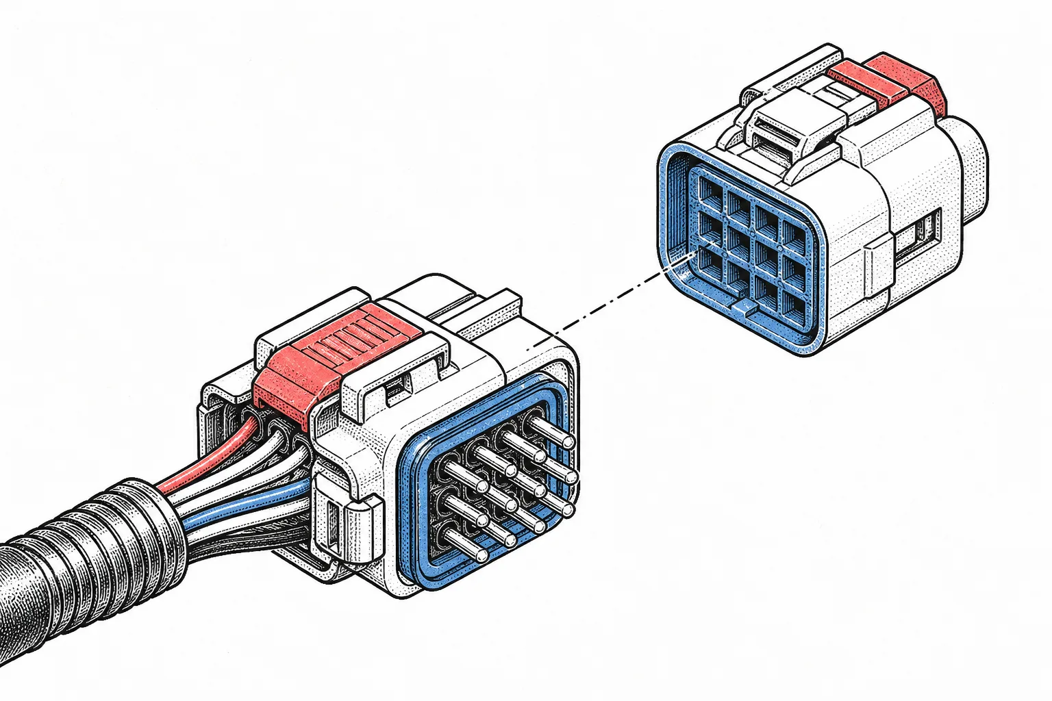 Two-color technical ink illustration of a multi-pin electrical connector and its mating socket floating apart along a dash-dot assembly axis, pins exposed, red and steel blue spot color on white.