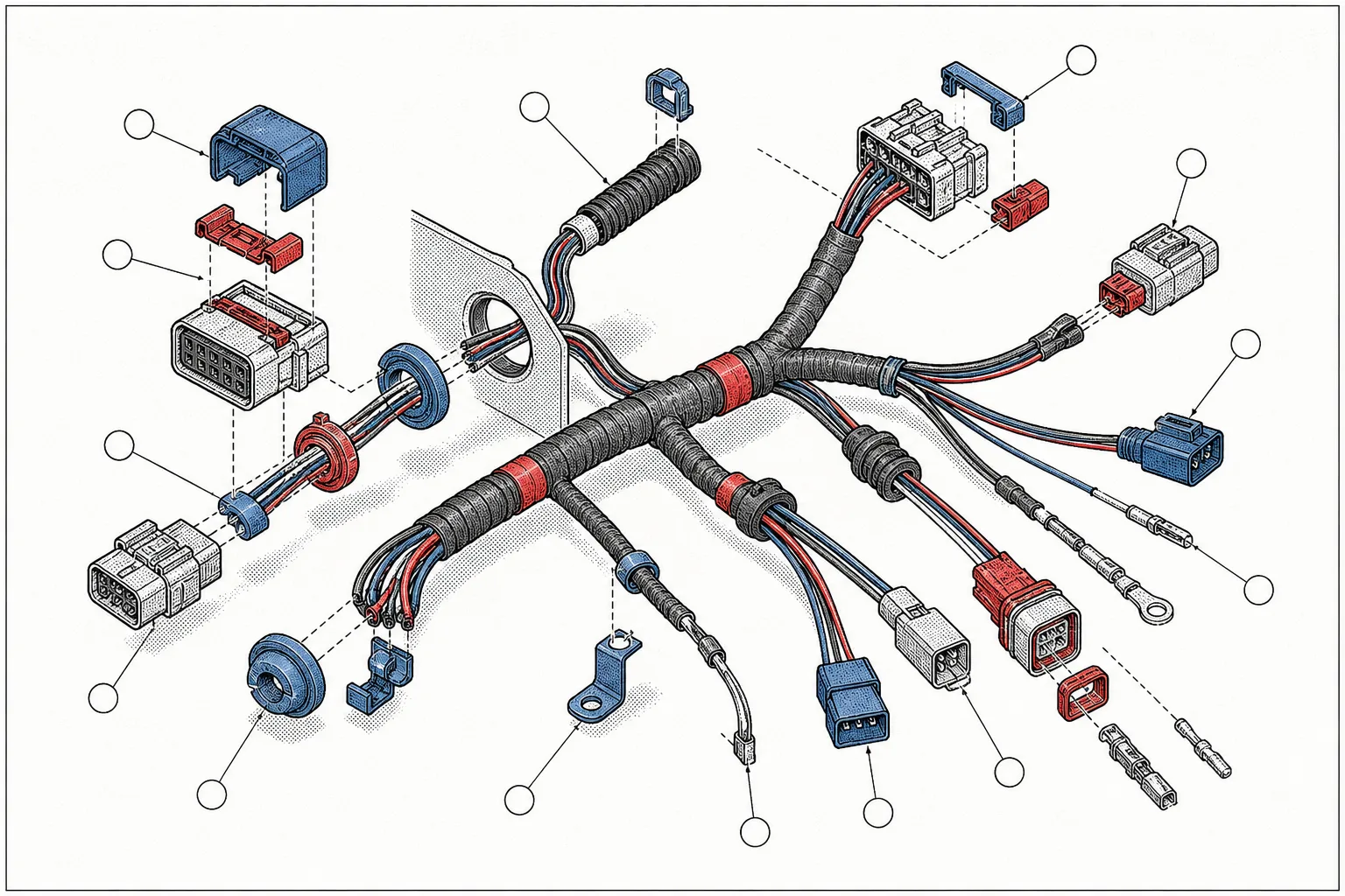 Two-color technical ink illustration of an automotive wiring harness exploded into its parts: bundled cable trunks, connector plugs, grommets, and terminals separated along dotted assembly axes, with leader lines ending in empty callout circles. Red and steel blue spot color on white.