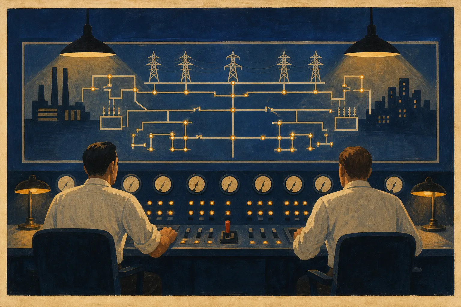Painted mural of two dispatch operators at a navy console facing a wall board with a glowing one-line diagram of the power grid