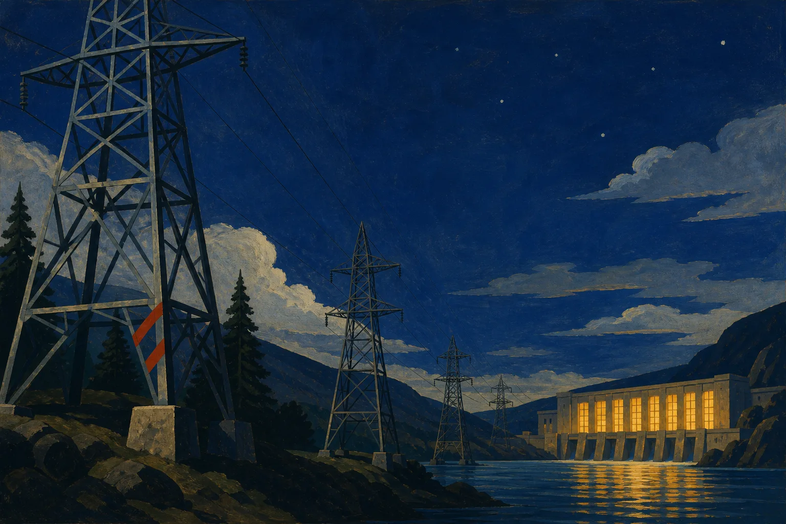 Painted night mural of steel transmission pylons crossing a river valley toward a hydroelectric powerhouse with glowing amber windows